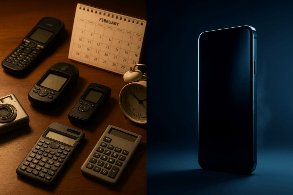 A desk cluttered with 2000s gadgets like flip phone, pocket camera, GPS, MP3 player, calculator, paper calendar, alarm clock in the left; right half: a lone glossy smartphone