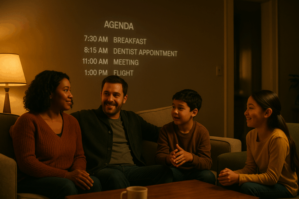 Family Time and Daily Plans, ambient AI projected itinerary on wall