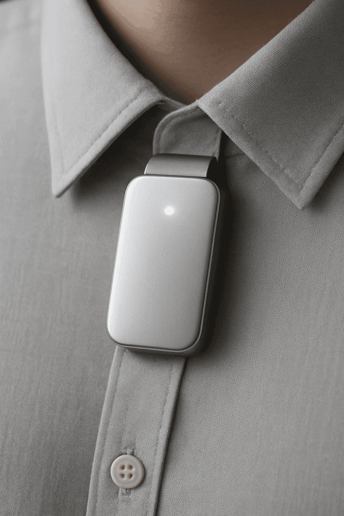 Futuristic product render, minimalist ‘Ive-inspired’ wearable AI pendant clipped to a shirt collar