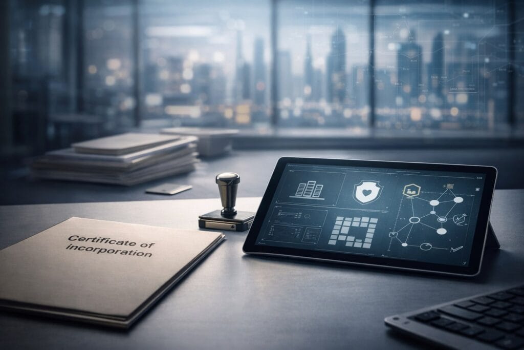 Photorealistic editorial image of a modern executive desk in a government-style office, featuring an unbranded Certificate of Incorporation folder, a metal stamp, and a tablet displaying abstract digital identity and verification icons, with a softly blurred Dubai-style skyline and subtle network overlays in the background.